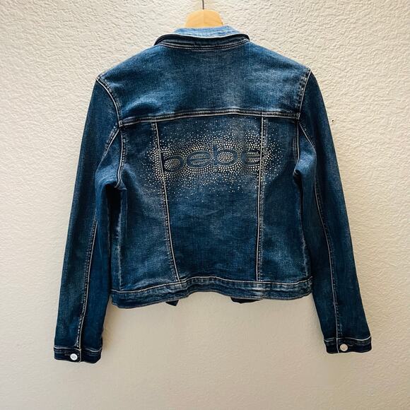 Vintage Y2K BEBE Lucia Wash Denim Jacket M Rhinestone Logo Fitted Stretch Jean - Picture 3 of 8